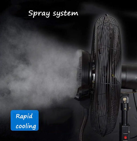 Straight Up Heavy Duty Industrial Humidifying Misting Fan With Three Speed Options For Warehouse Gym And Patio Use Rock Solid Oscillating Floor Pedestal Cooler showing the spray mist system in operation.