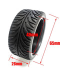 65mm Hard Drift Tire with 0 and 3 Degree Camber Options for 1 to 10 Scale RC Cars, showing tread pattern and dimensions.