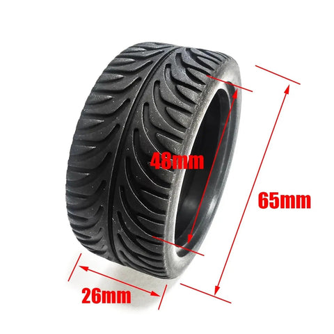 65mm Hard Drift Tire with 0 and 3 Degree Camber Options for 1 to 10 Scale RC Cars, showing tread pattern and dimensions.