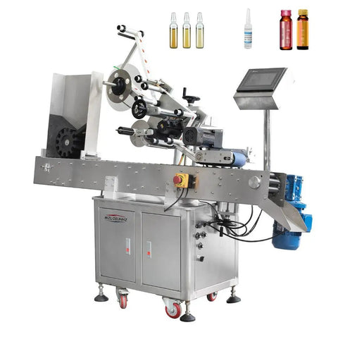 Automatic Horizontal Labeling Machine For Small Vials Bottles And Tubes Featuring Touch Screen Interface and Zero Hassle Automatic Functions For Crisp Transparent Label Application On Rapid Production Lines With Top Notch Reliability, with touch panel and adhesive label applicator.
