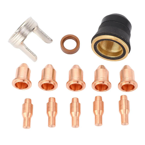 Ultimate 13PC Plasma Cutting Consumables Kit With Tough Nozzles For Harbor Freight 45A Welder showing nozzles and bracket cover.