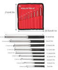 Roll Pin Punch Set 9 Piece Pro Grade Repair Tools Kit With Alloy Steel Pins Pouch shown with size measurements