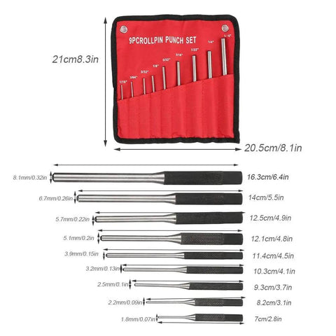 Roll Pin Punch Set 9 Piece Pro Grade Repair Tools Kit With Alloy Steel Pins Pouch shown with size measurements