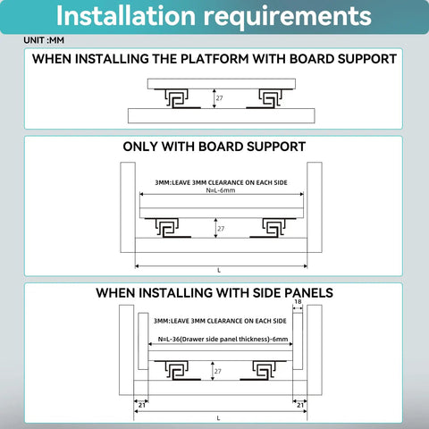 Heavy Duty 10 Inch Bottom Mount Soft Close Drawer Slides installation requirements diagram with measurements.