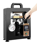 Ten Ton Hydraulic Shop Press With 400 Degree Aluminum Heating Plates And Digital Timer Control For Beefy Benchtop Projects showing operation controls and pressure gauge.