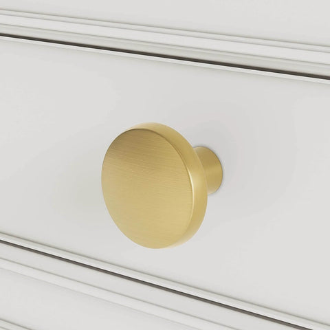 Gold Cabinet Knobs Set, Round Brushed Brass Zinc Alloy Hardware For Dresser Drawer Cupboard, 25 Pack installed on white drawer