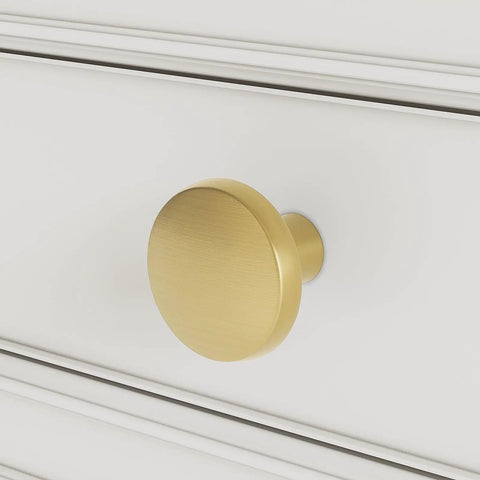 Gold Round Cabinet Knobs Set Of 30 Brushed Brass Zinc Alloy Hardware on white drawer