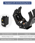 Dope High Torque Servo Robot Arm Gripper With Wave Edge Jaws, Symmetric Gripping For Stable Pickups Up To 500g, Burn Resistant Servo For Durability, Easy Mount With M2 And M3 Holes, Versatile Robotic Gripper For Projects, showing front view with specs.