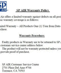SP AIR warranty policy details with customer service address for product support.