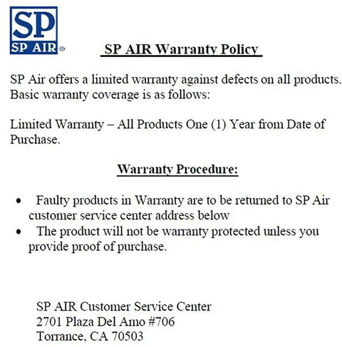 SP AIR warranty policy details with customer service address for product support.