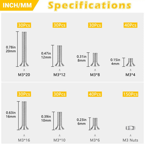 Specification chart of M3 Flat Head Screws And Hex Nut Kit Carbon Steel Countersunk Phillips Bolts Set with various lengths