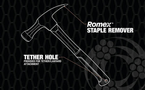 Diagram of 18 Oz Electrician Hammer With Extended Neck For Tight Spaces, Romex Staple Remover, Tether Hole For Safety shown on black grid background.