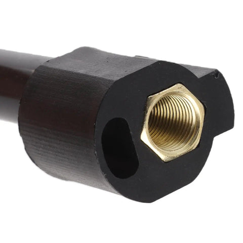 Close-up of 15AK Brass Solder Neck For MIG Welder with black body and brass threaded connection for high heat resistance.