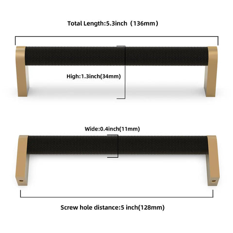 Top Shelf 10 Pack Slick Knurled Cabinet Pulls In Matte Black And Champagne Bronze With 5 Inch Hole Centers For Kitchen Cabinets And Drawers Heavy Duty Zinc Alloy Handles dimensions showing length and width.