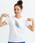 Awesome Boho Feather And Mandala Stencil Set, Six Durable Pet Painting Templates For Diy Wall Wood Fabric And Canvas Crafts, Straight-Up Versatile Sheets Perfect For Kickin Up Your Decor on a white t-shirt worn by a smiling woman.