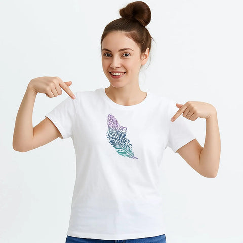 Awesome Boho Feather And Mandala Stencil Set, Six Durable Pet Painting Templates For Diy Wall Wood Fabric And Canvas Crafts, Straight-Up Versatile Sheets Perfect For Kickin Up Your Decor on a white t-shirt worn by a smiling woman.