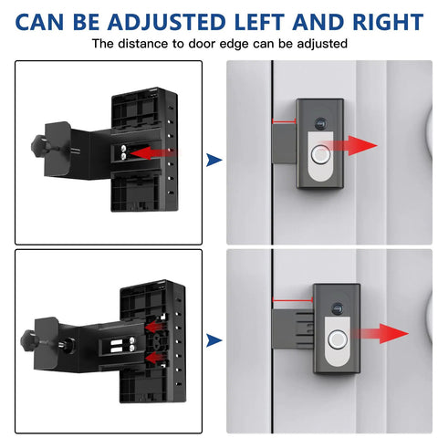 No-Brainer Anti-Theft Video Doorbell Mount showing adjustable bracket for Ring and Blink doorbells, side and front views.