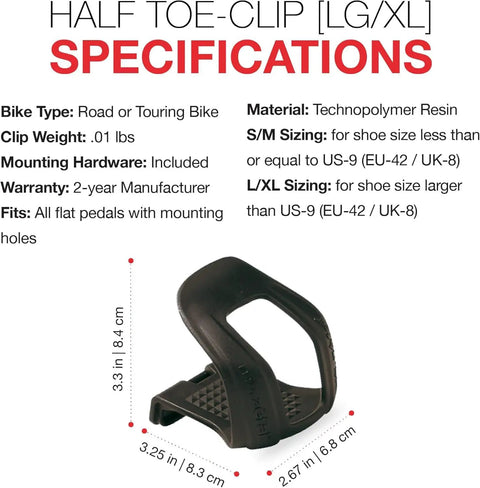 Half Toe Clips For Mountain Bikes Strap Free Pedal Control S M Black Durable Technopolymer Build Front View Dimensions
