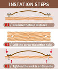 Installation steps for Six Piece Leather Drawer Pulls Set In Brown With Gold Rivet Screws, showcasing measurement, drilling, and tightening.