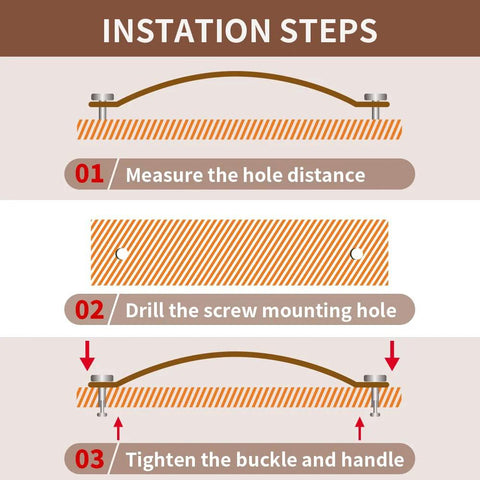 Installation steps for Six Piece Leather Drawer Pulls Set In Brown With Gold Rivet Screws, showcasing measurement, drilling, and tightening.
