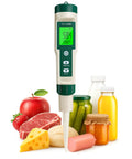 All In One PH Meter for Foodie Kitchens and Home Use with ATC and Backlit Display shown with food and drink items