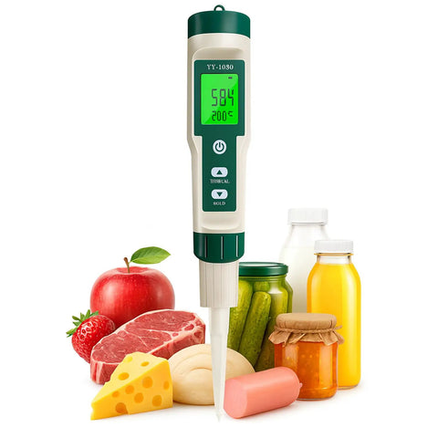 All In One PH Meter for Foodie Kitchens and Home Use with ATC and Backlit Display shown with food and drink items