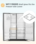 Open freezer showing W11130203 shelf space for Upgraded Freezer Glass Shelf 11.69 By 9.88 Inches Replacement, diagram inset