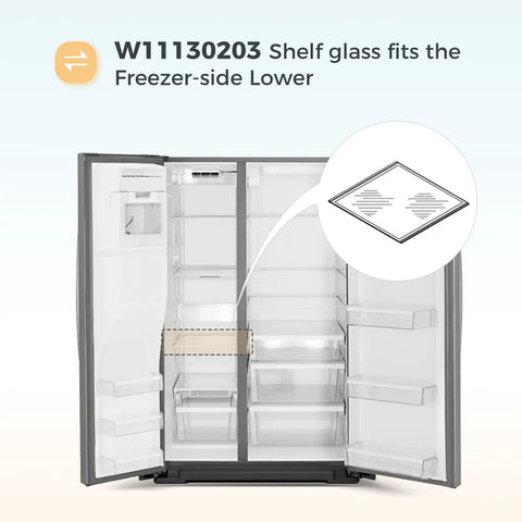 Open freezer showing W11130203 shelf space for Upgraded Freezer Glass Shelf 11.69 By 9.88 Inches Replacement, diagram inset