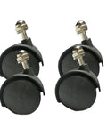 Front view: four black plastic caster wheels with metal threaded stems and nuts for appliance or heater use.