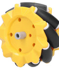 Omnidirectional Mecanum Wheel For DIY Robotics, 80mm Size, rubber-coated, yellow black finish, side view.