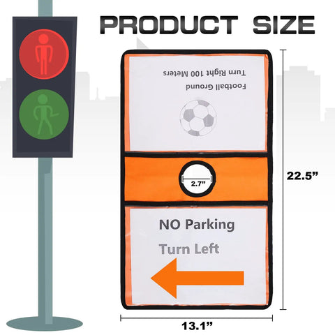 Set Of Six Traffic Cone Sleeve Covers With Pockets For Caution Signs And Outdoor Safety Includes Orange Blue Green Red Purple Colors For Clear Visibility During Training And Events, shown in orange with "NO Parking Turn Left" text.