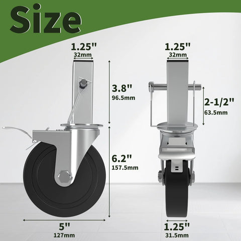 Five Inch Scaffolding Wheels Set Of Four With Dual Locking Brakes And Square Stem For Scaffolding Heavy Duty Steel Caster Wheels 440 Lbs Capacity Per Wheel Smooth Rolling And Secure Locking For Stable Construction.