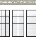 Bypass Double Glass Barn Door Kit With 84 By 84 In Clear Tempered Glass And 7.5 Ft Side Mounted Aluminum Black Frame, different panel styles.