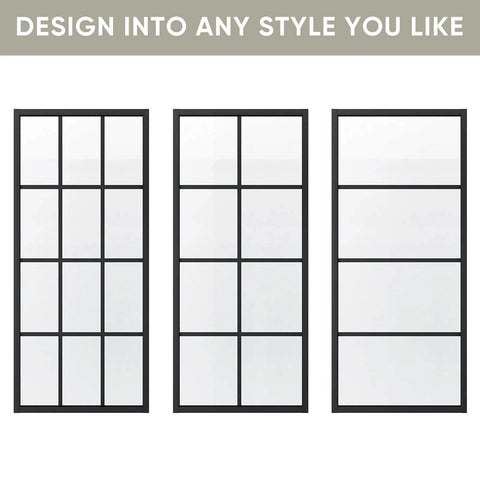 Bypass Double Glass Barn Door Kit With 84 By 84 In Clear Tempered Glass And 7.5 Ft Side Mounted Aluminum Black Frame, different panel styles.
