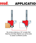 Diagram showing one sixteenth inch radius rounding over router bit with quarter inch shank for softening furniture edges on wood.