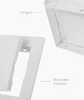 4 X 4 White Square Access Panel For Drywall Made From Tough Abs Plastic With A No Sweat Setup That Drops Right In Fast showing hinges and rounded corners.
