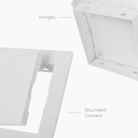 4 X 4 White Square Access Panel For Drywall Made From Tough Abs Plastic With A No Sweat Setup That Drops Right In Fast showing hinges and rounded corners.