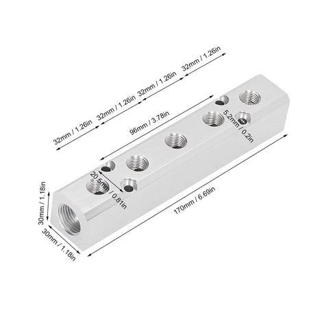 Pneumatic Manifold Air Distribution Block Made From Aluminum Alloy For Air Compressors with detailed measurements