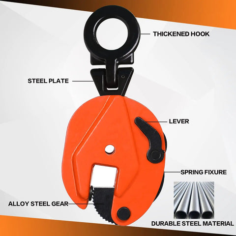 Heavy Duty Vertical Plate Lifting Clamp Built Like A Tank For Serious Sheet Metal Work Featuring A Badass Carbon Steel Jaw, detailed view.