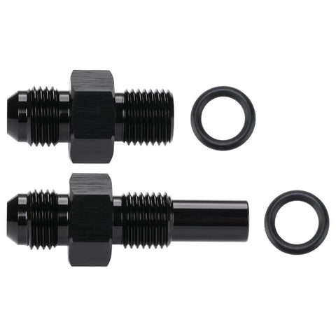 6AN Male Flare To One Quarter NPSM Transmission Cooler Adapter Fittings, black aluminum, for 4L80E, with O-rings visible