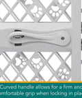 Slick Expandable Portable Pet Gate For Doorways Features No Sweat Pressure Mount Installation with curved handle for easy locking.