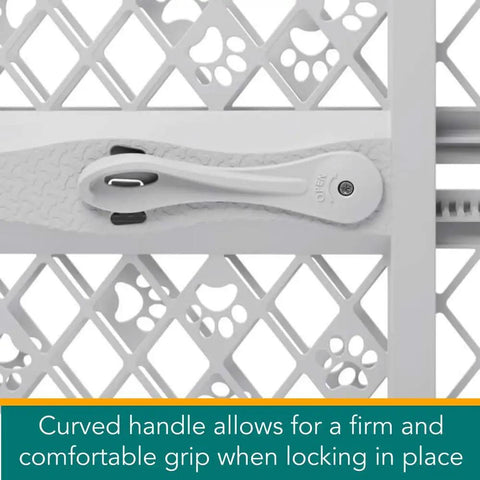 Slick Expandable Portable Pet Gate For Doorways Features No Sweat Pressure Mount Installation with curved handle for easy locking.