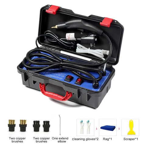 Piudoiliy 3200W High Pressure Steam Cleaner accessories in a compact case with hoses, brushes, and cleaning tools.