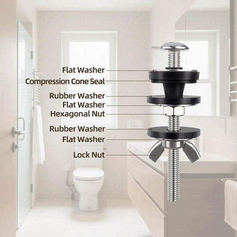 Diagram of 2 Pcs Toilet Tank Bolts Replacement Kit, showing stainless steel bolts, rubber washers, nuts, and gaskets in a bathroom.