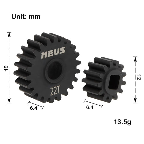 22T and 13T Steel Overdrive Portal Gears for Axial Capra 1.9 UTB SCX10 III RC Crawlers, 45 Hardened Steel, dimensional view