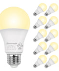 A19 LED Light Bulbs Dimmable 60W Equivalent, 2700K Soft White, 800 Lumens, 10W, E26 Base, UL Listed, 8 Pack on white background