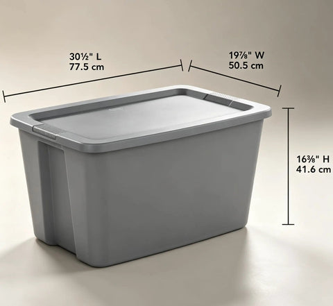 Heavy Duty 30 Gallon Plastic Storage Bin With A No Hassle Snap Closure Built Tough For Massive Household Items Plus Plenty Of Room For Seasonal Gear dimensions shown.