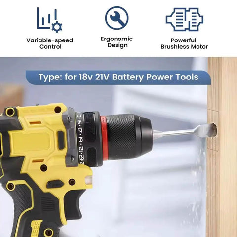 Badass Brushless Drill Driver Compatible With DeWalt 20V Batteries delivering smooth dual speed control, drilling into wood.