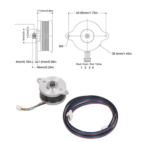 Technical drawing and components of 36Mm Two Phase Direct Drive Stepper Motor With Ten Teeth Gear For 3D Printers And CNC Machines