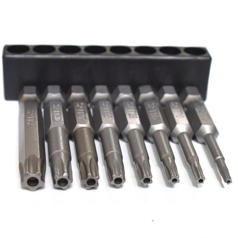 Eight Piece Torx Star Security Screwdriver Bits Set Magnetic Tamper Proof T8 T10 T15 T20 T25 T27 T30 T40 in holder, S2 Steel